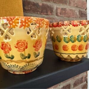 Floral Yellow Ceramic Candle Holders or Planters